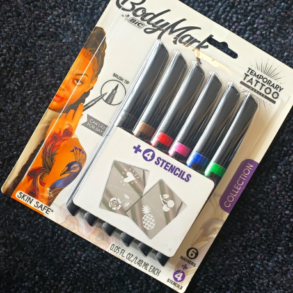 NWT Bic BodyMark Temporary Tattoo Marker Multi Pack + Stencils
